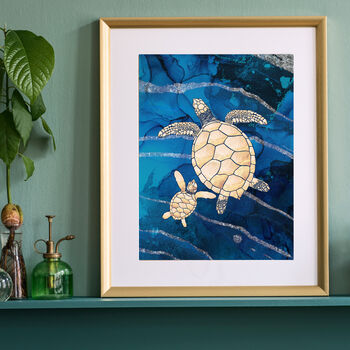Gold Blue Alcohol Ink Turtle Wall Art Print, 3 of 4
