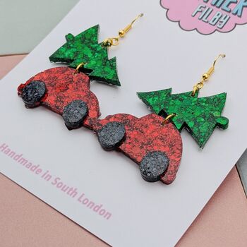 Christmas Tree On A Car Glitter Resin Earrings, 4 of 4