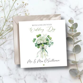 Irish On Your Wedding Day Card, Mr And Mrs, Ar Lá Bhur Bpósta, Wedding Shamrock Clover Bouquet, 2 of 3