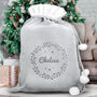 Personalised Holly Wreath Silver Grey Pom Pom Sack, thumbnail 1 of 5