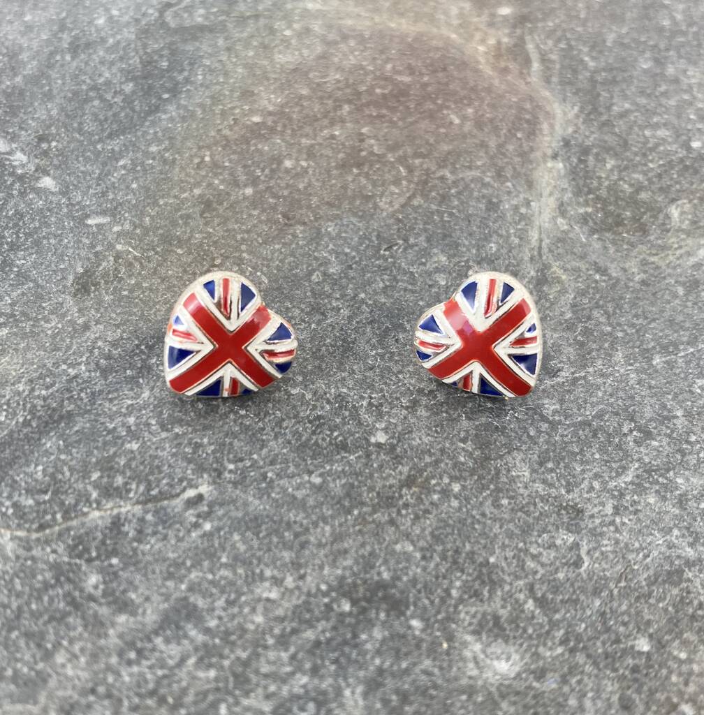 Platinum Jubilee Union Jack Flag Heart Stud Earrings, 1 of 2