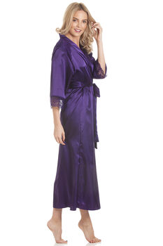 British Made Purple Long Satin Dressing Gown With Lace Detail Ladies Size 8 To 28 UK, 2 of 5