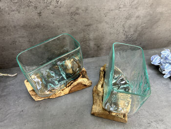 16cm Molten Glass Square Bowl On Teak Root Base, 6 of 12
