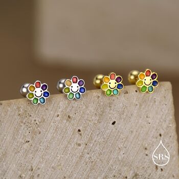 Sterling Silver Rainbow Flower 18 G Screw Back Earrings With Ball Backs, 4 of 12