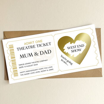 Personalised Theatre Ticket Scratch Card: Theatre Masks And Gold Heart Design, 6 of 7
