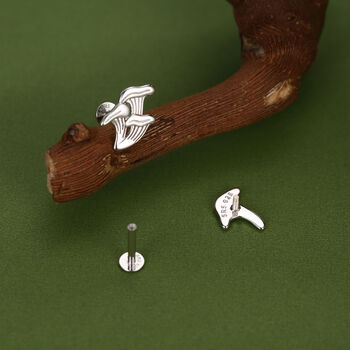 Sterling Silver Mismatched Chanterelle Mushroom 16 G Flat Back Labret Earrings, 3 of 12