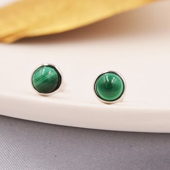 Natural Malachite Stone Stud Earrings In Sterling Silver, 3 of 12