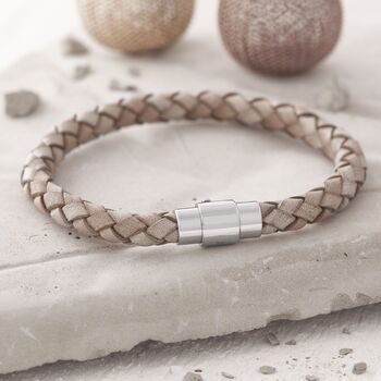 Men's Sand Personalised Clasp Plaited Leather Bracelet, 2 of 4