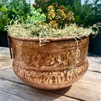 A Floral Embossed Vintage Style Copper Planter With Brass Ring Handles, 7 of 11