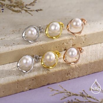 Genuine Pearl And Mobius Circle Stud Earrings In Sterling Silver, 6 of 12