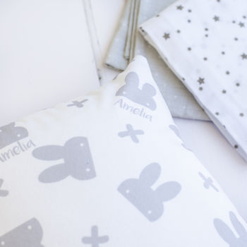 New Baby Personalised Grey Bunny Cushion, 3 of 4
