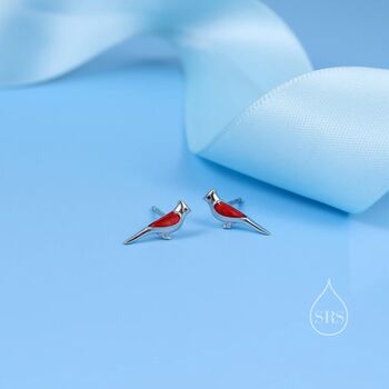 Enamel Cardinal Bird Stud Earrings In Sterling Silver, 4 of 10