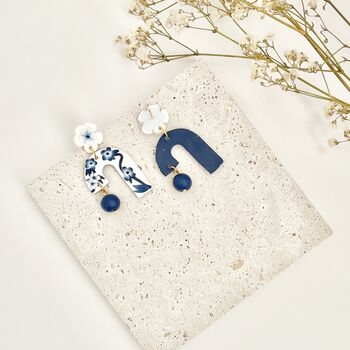 Blue And White Handmade Floral Arch Clay Earrings, 3 of 6