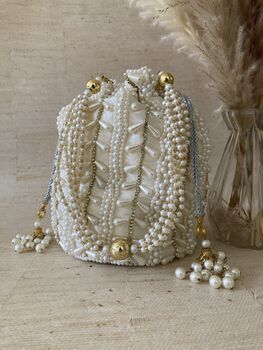 White Handcrafted Pearl Potli Bag, 6 of 9