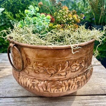 A Floral Embossed Vintage Style Copper Planter With Brass Ring Handles, 6 of 11