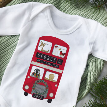 Personalised 'My 1st Christmas' London Bus Baby Outfit, 5 of 6