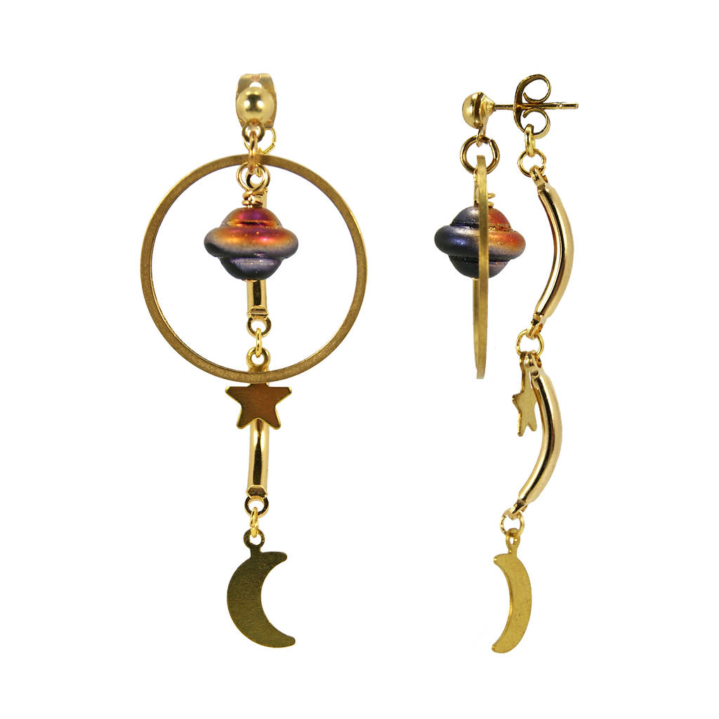 Moon, Star And Planet Front And Back Earrings By Loubijoux