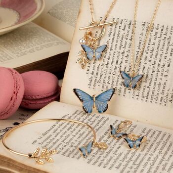 Fable Enamel Blue Butterfly And Leaf Charm Necklace, 3 of 6