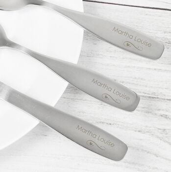 Personalised Three Piece Swirls And Hearts Cutlery Set – Perfect For Birthdays, Christenings, And Special Occasions, 3 of 4