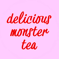delicious monster tea logo red on pink