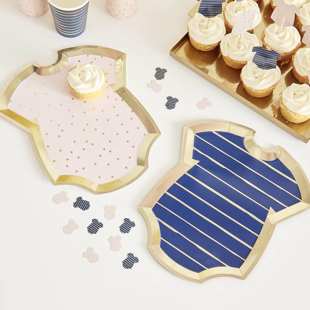 Gold Foil Pink And Navy Baby Grow Gender Reveal Plates, 1 of 2