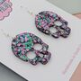 Skull Green And Purple Glitter Resin Dangly Halloween Earrings, thumbnail 2 of 4