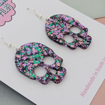 Skull Green And Purple Glitter Resin Dangly Halloween Earrings, 2 of 4