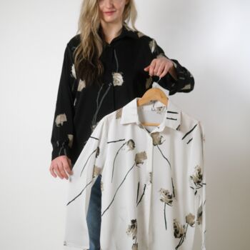 Black Satin Chiffon Long Sleeve Floral Printed Shirt, 6 of 6