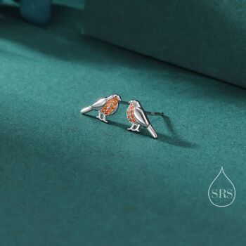 Sterling Silver Crystal Robin Bird Stud Earrings, 2 of 12