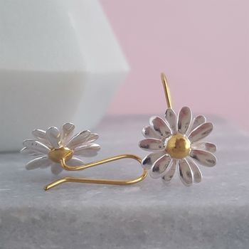 Two Tone Sterling Silver Large Daisy Drop Earrings, 4 of 6