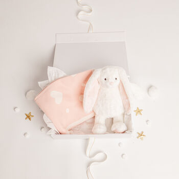 White Bunny Toy And Pink Heart Blanket Baby Gift Set, 3 of 5