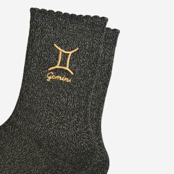 Women's Glitter Socks Black Gold Zodiac Gemini, 3 of 5