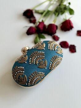 Valeria Teal Embroidered Embellished Oval Clutch Bag, 2 of 8