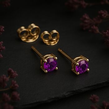 Solid 9ct Yellow Gold February Amethyst Birthstone Stud Earrings, 2 of 5