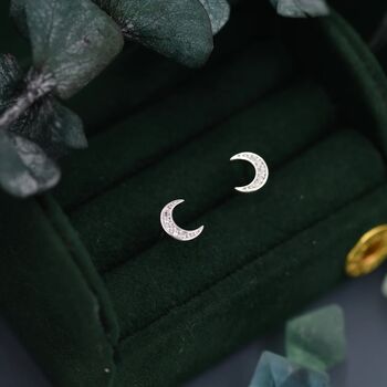 Cz Crescent Moon Stud Earrings In Sterling Silver, 3 of 11