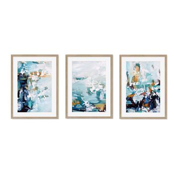 Teal Blues Abstract Waves Set Of Three Framed Prints By Abstract House ...