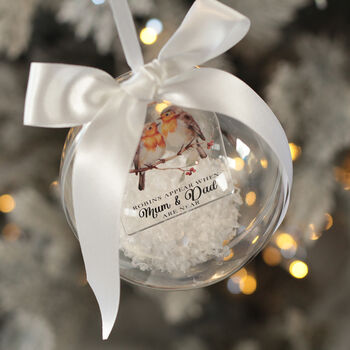 Robins Appear Snowy Acrylic Memorial Christmas Tree Bauble Decoration, 4 of 7