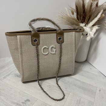 Personalised Beige And Brown Large Chain Tote Beach Bag, 5 of 9
