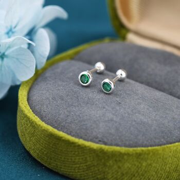 Tiny Emerald Green Cz Barbell Earrings Sterling Silver, 7 of 10