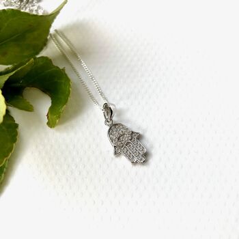 Sterling Silver And Cubic Zirconia Hamsa Hand Necklace, 2 of 4