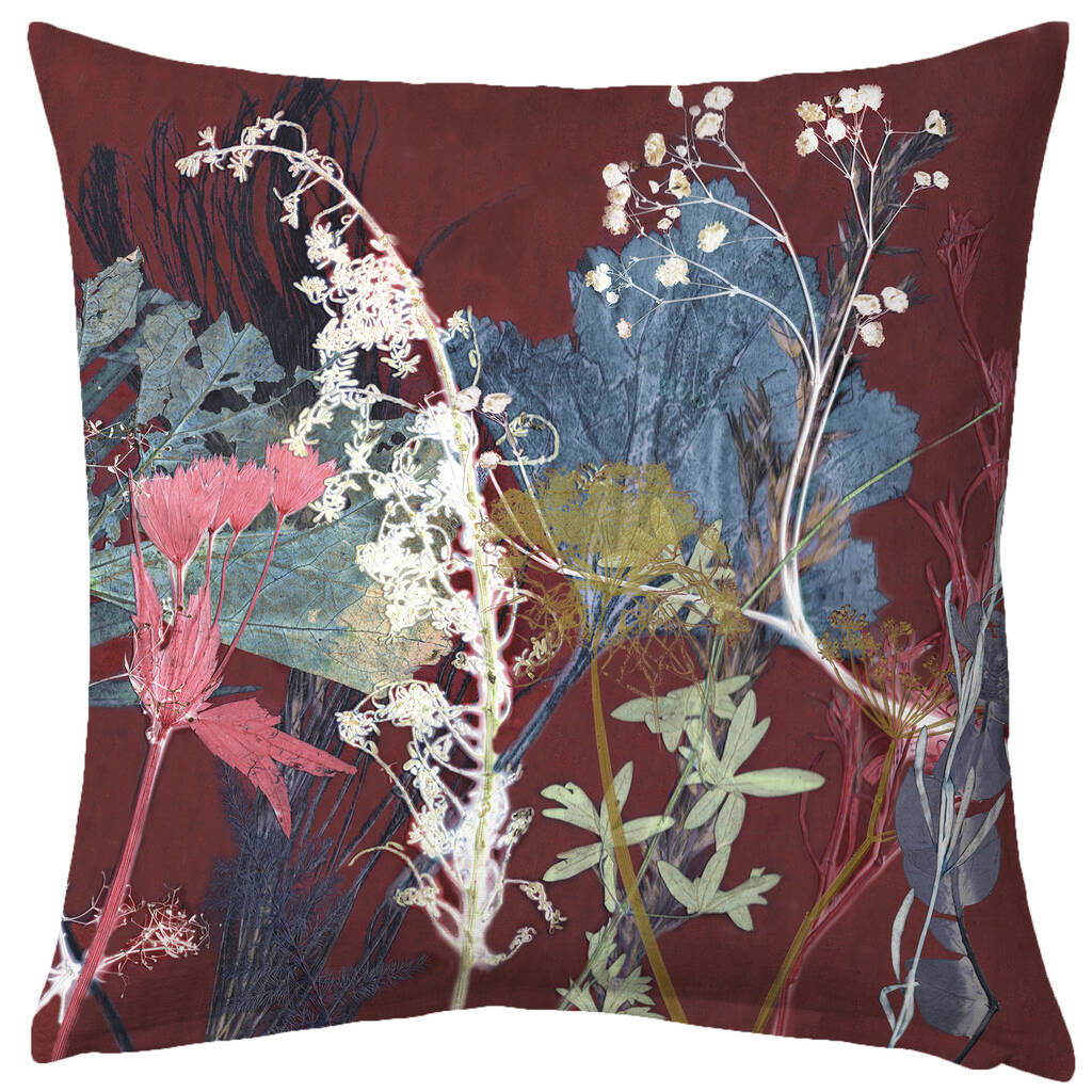 Rich Earthern Red Botanical Print Couch Cushion