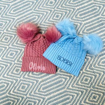 Personalised Blue/Pink Knit Baby Blanket And Hat, 5 of 8