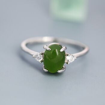 Genuine Oval Jade Stone Halo Ring In Sterling Silver, 3 of 11
