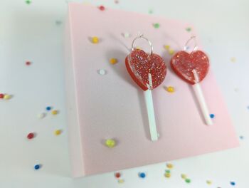 Heart Lollipop Earrings Acrylic Sterling Silver Hoops, 2 of 10