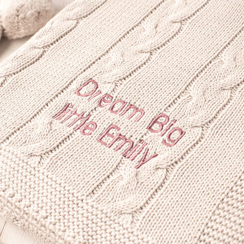 Dark Grey Cable Knitted Personalised Baby Blanket, 2 of 12