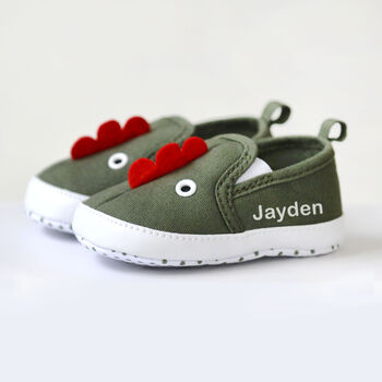 Personalised Dinosaur Baby Shoes Khaki, 3 of 8