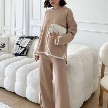 O Neck Beige Full Sleeve Loose Knitted Co Ord Set, 2 of 3
