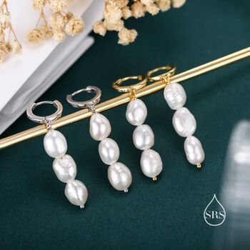 Sterling Silver Genuine Baroque Pearl Trio Huggie Hoop Earrings, 8 of 12