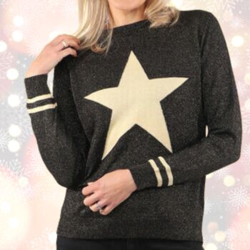 Christmas Jumper Women's Black Glitter With Gold Star And Stripe Print, 4 of 4