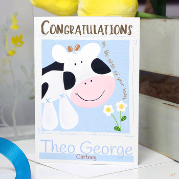 Personalised Farm Cow New Baby Card, 2 of 6
